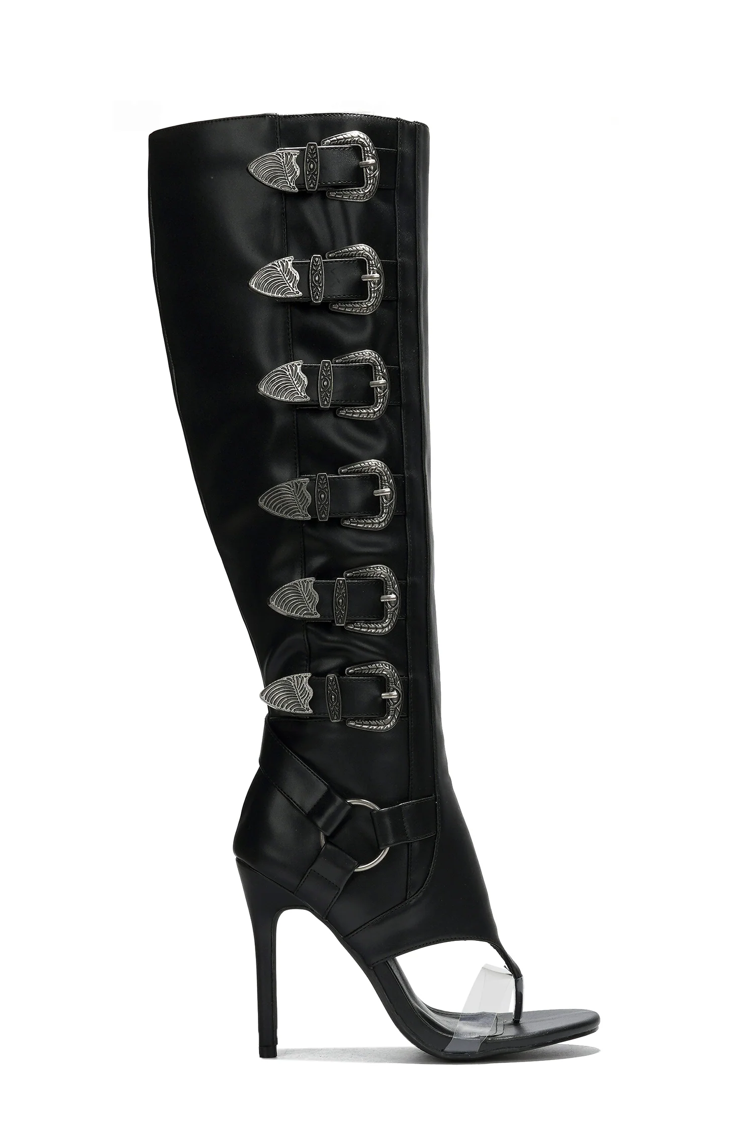 Elarahh Belt Buckle Open Round Toe Heel Boots - Black-1