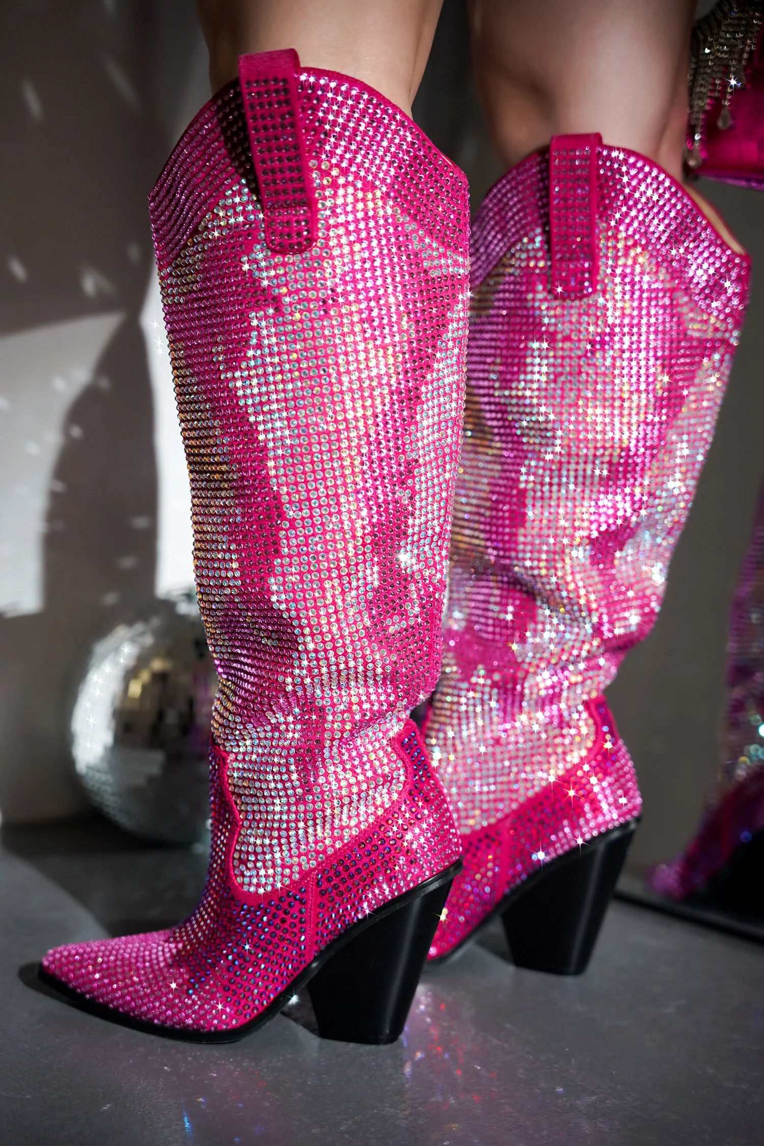 Malinde Rhinestone Embelished Western Inpired Knee High Boots - Pink