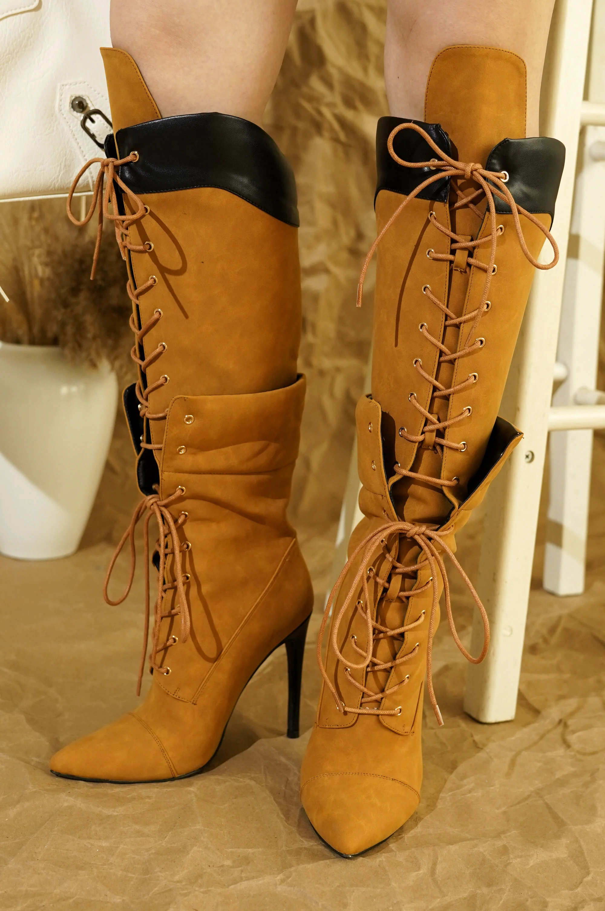 Annamarie Lace-Up Knee High Heel Boots - Tan