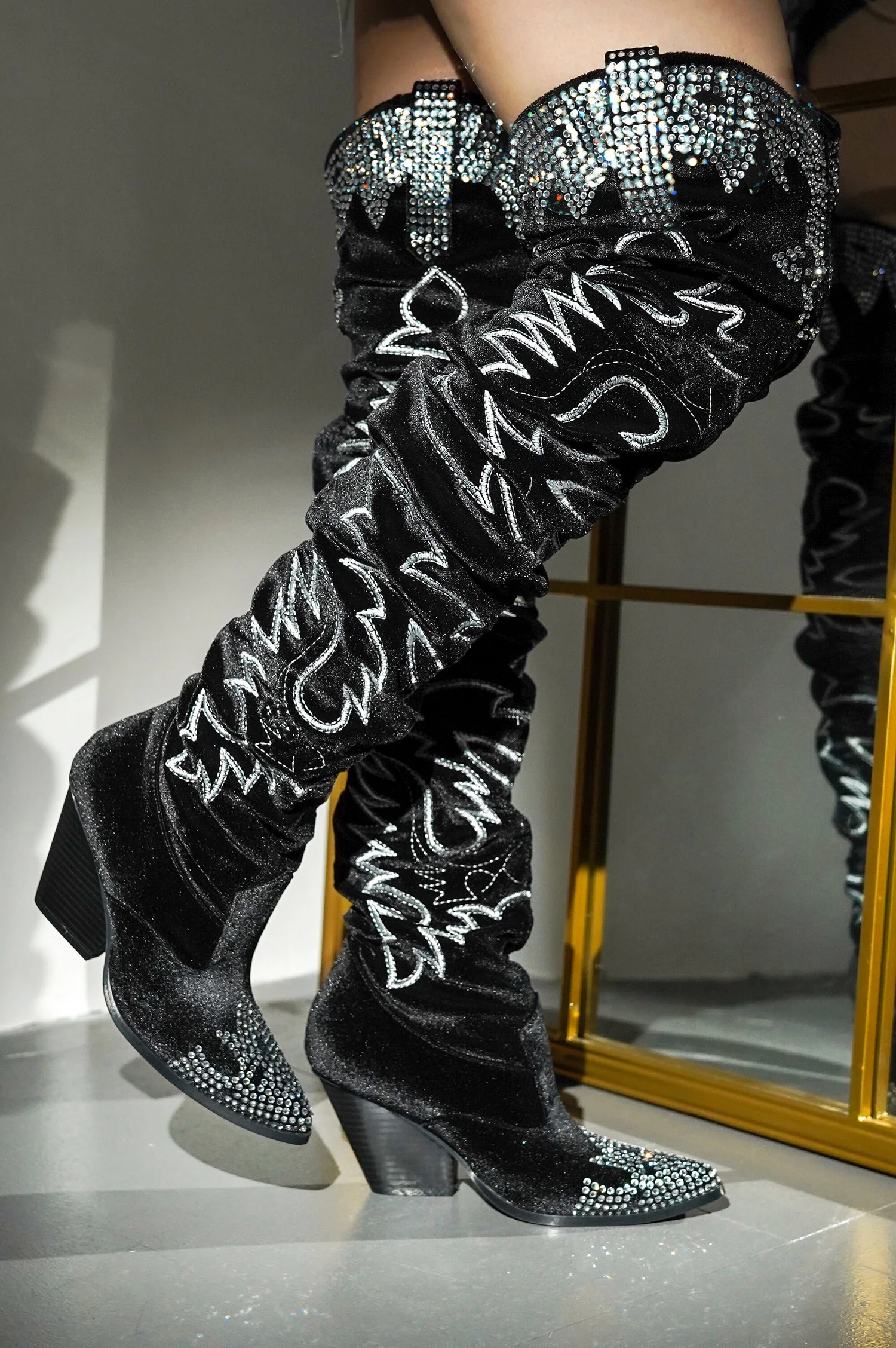 Lish Velvet Rhinestone Thigh High Slouchy Western Boots - Black