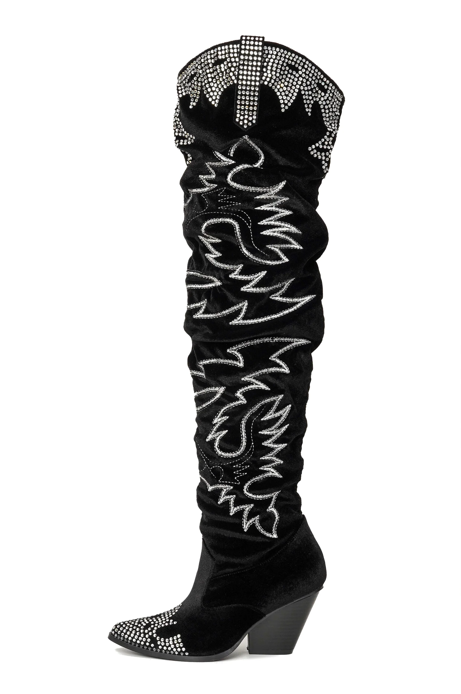 Lish Velvet Rhinestone Thigh High Slouchy Western Boots - Black-1