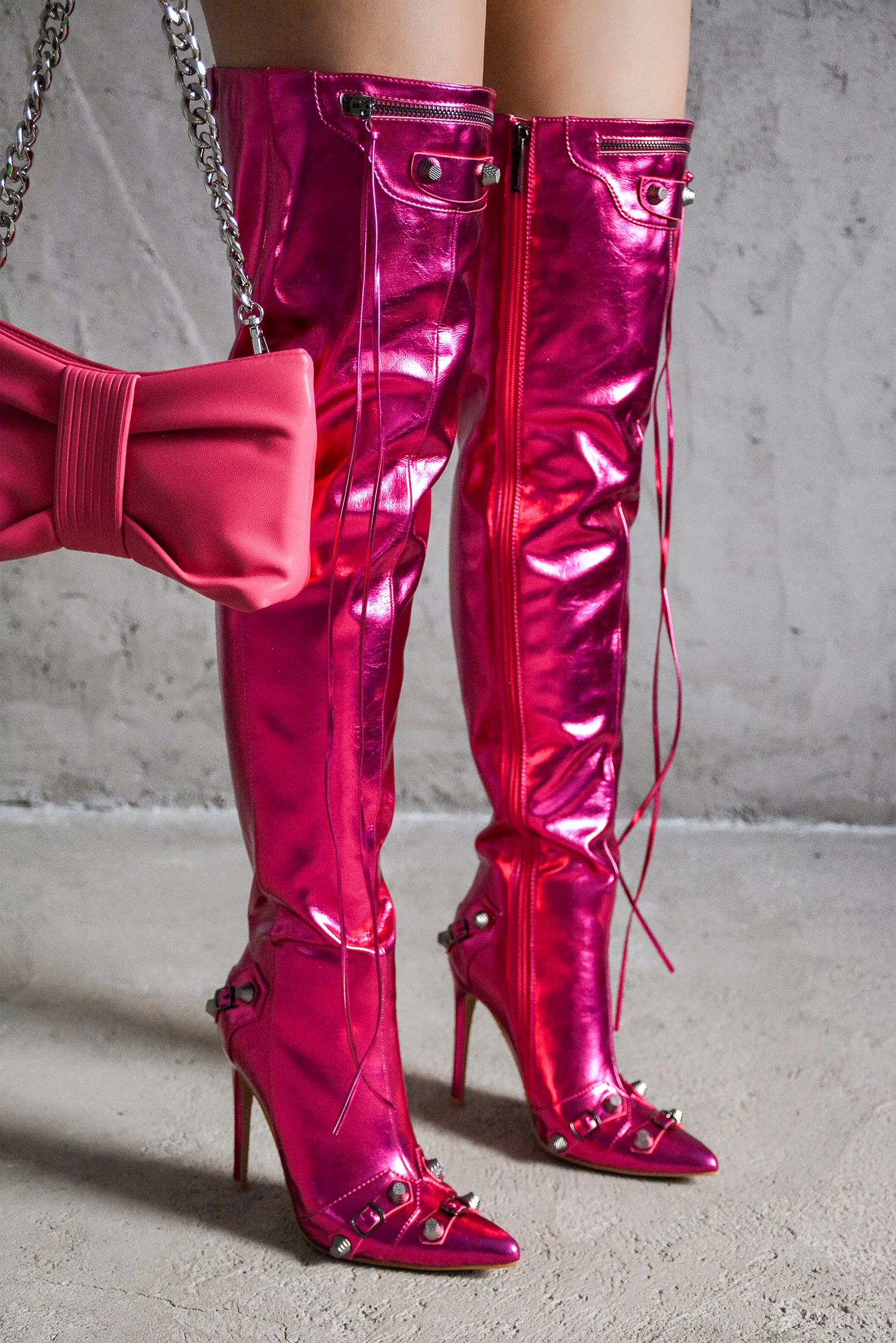 Pofin-2 Metallic Thigh High Pointy Toe Boots - Pink