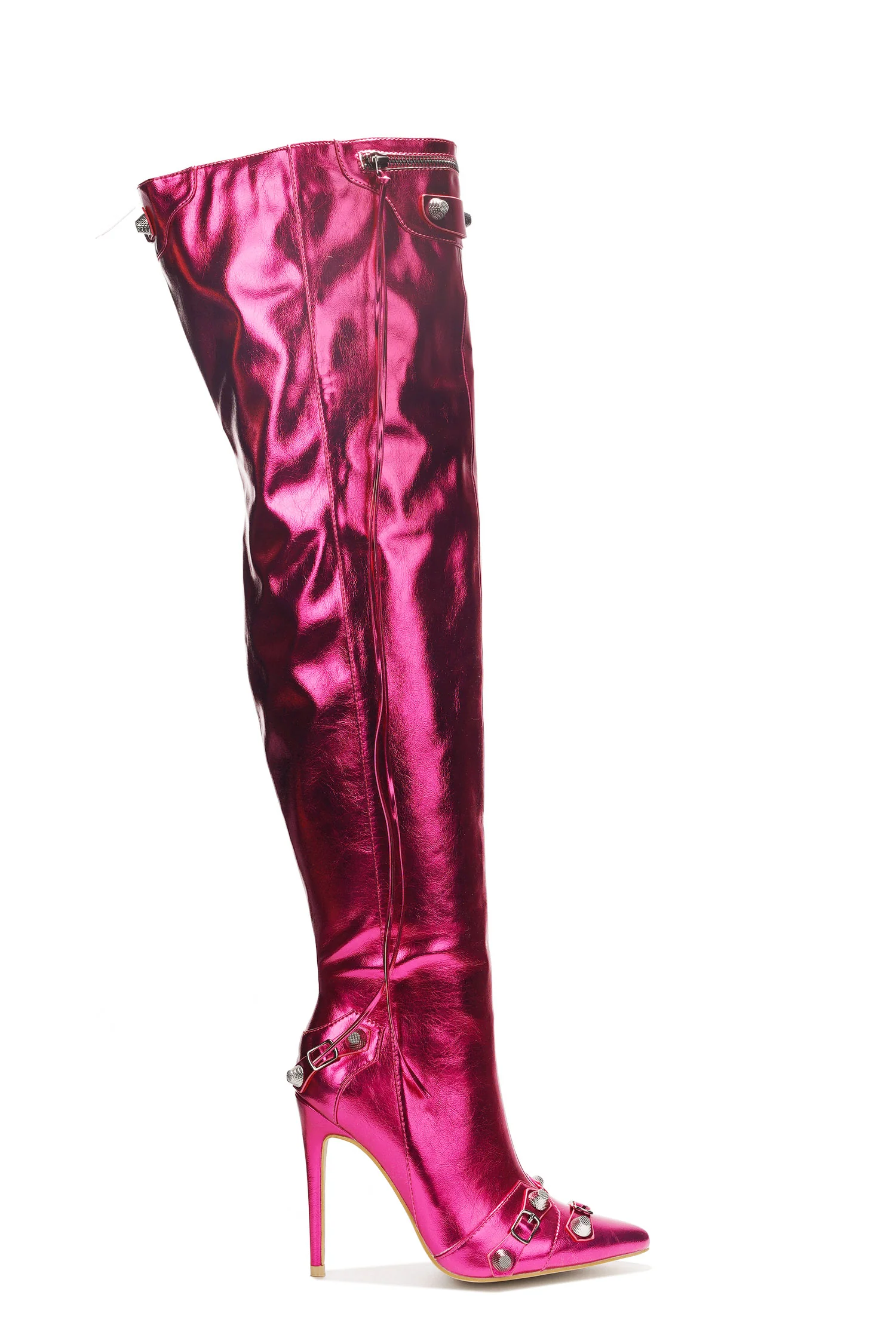 Pofin-2 Metallic Thigh High Pointy Toe Boots - Pink-1