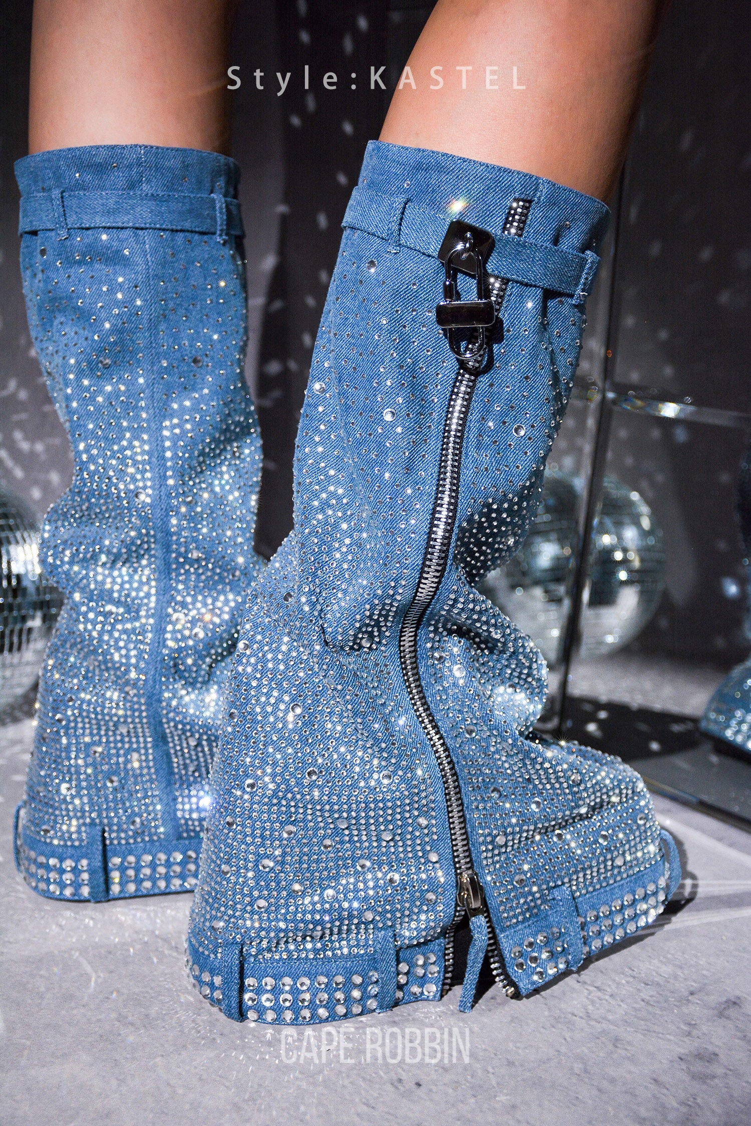 Kastel Denim Rainbow Rhinestone Platform Boots - Denim