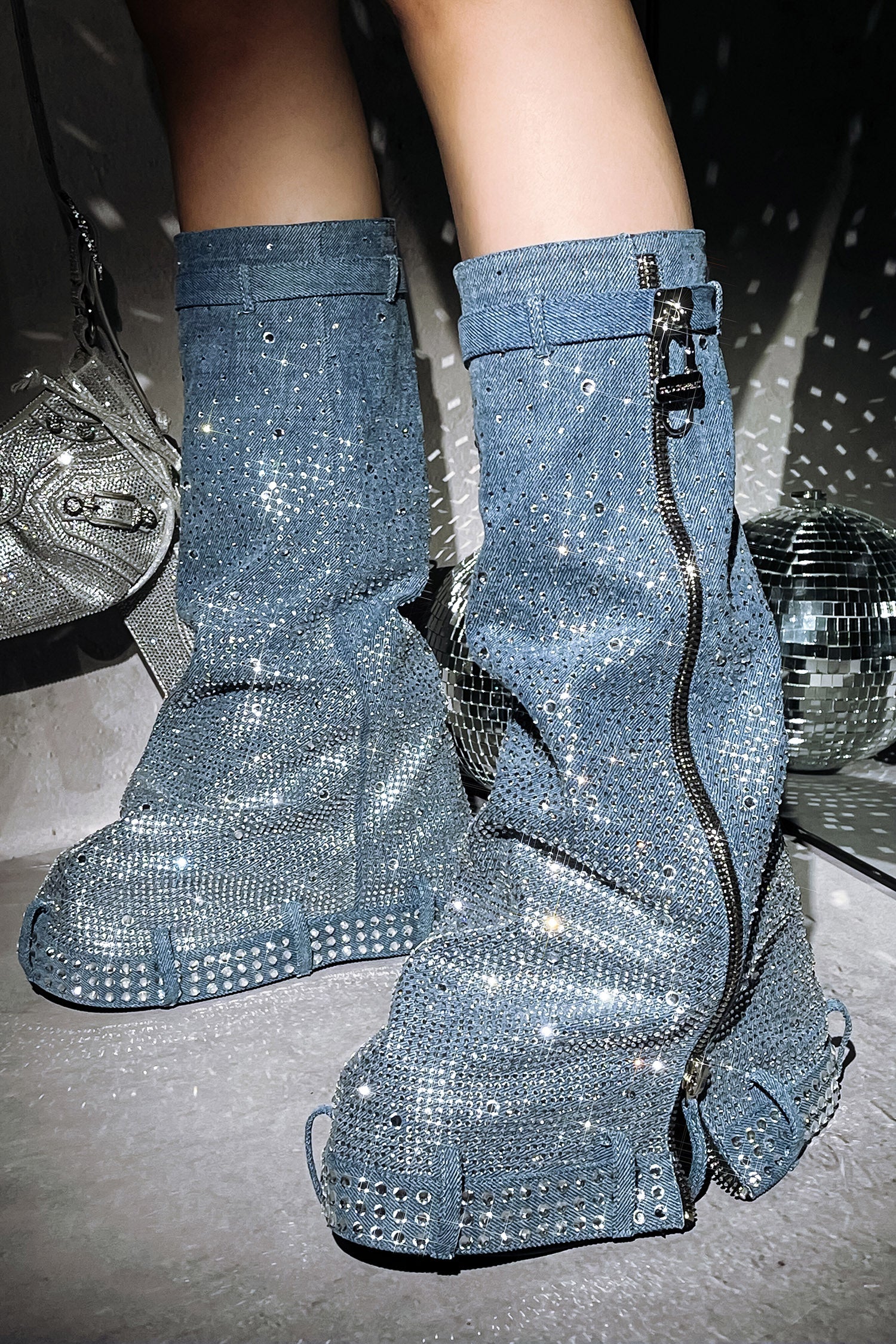 Kastel Denim Rainbow Rhinestone Platform Boots - Denim-1