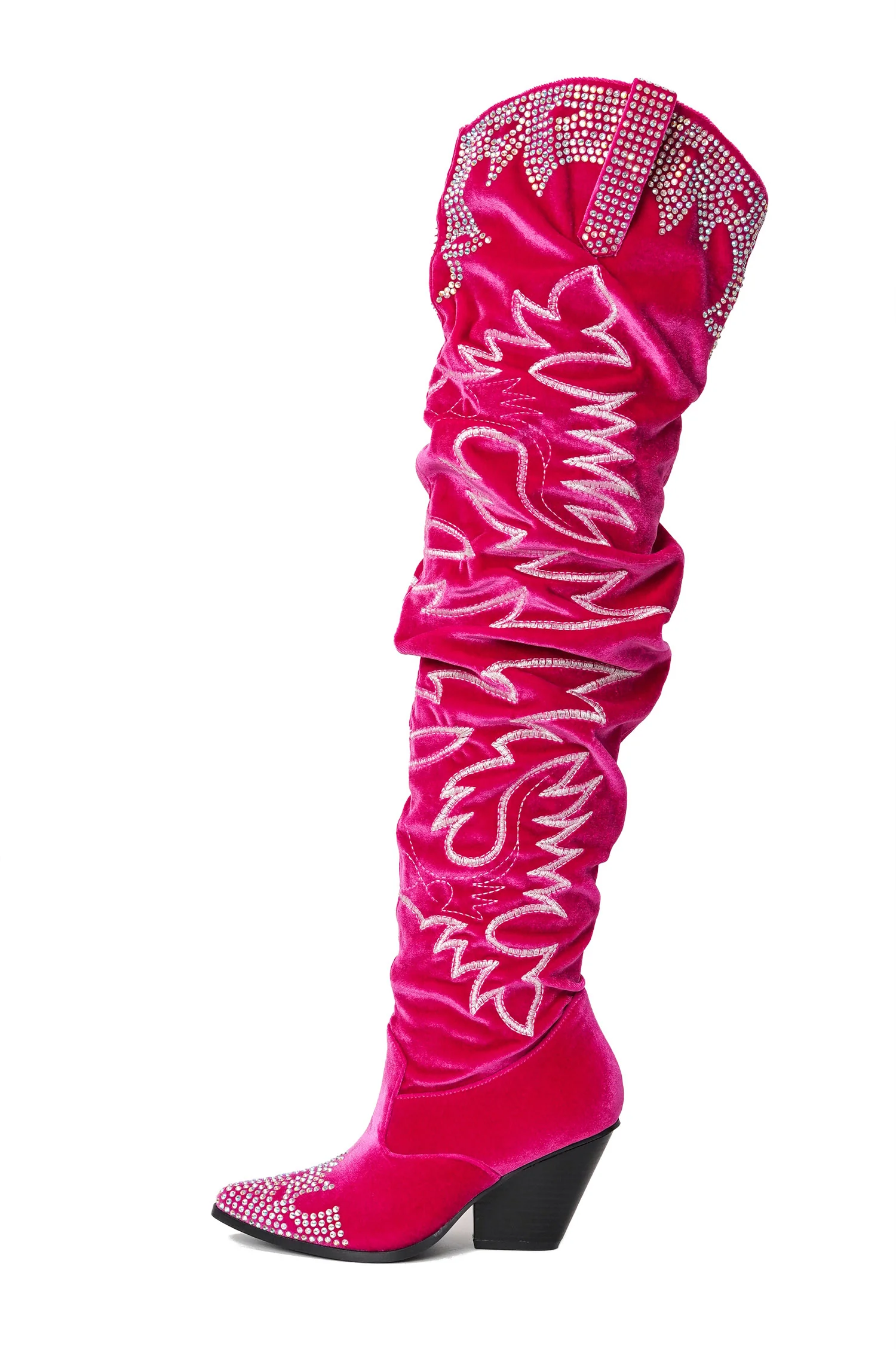 Lish Velvet Rhinestone Thigh High Slouchy Western Boots - Fuchsia-1
