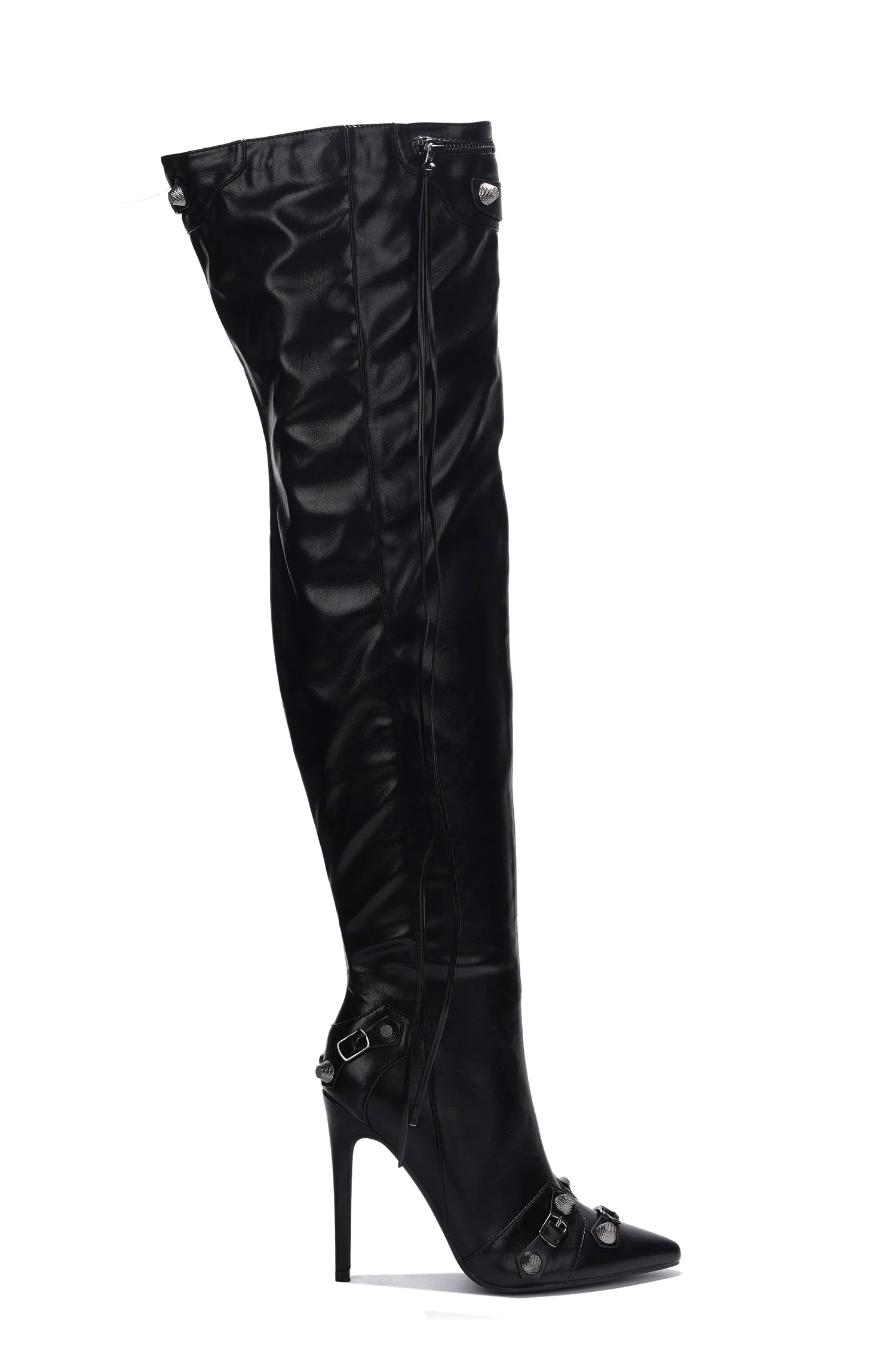 Pofin-2 Metallic Thigh High Pointy Toe Boots - Black-1