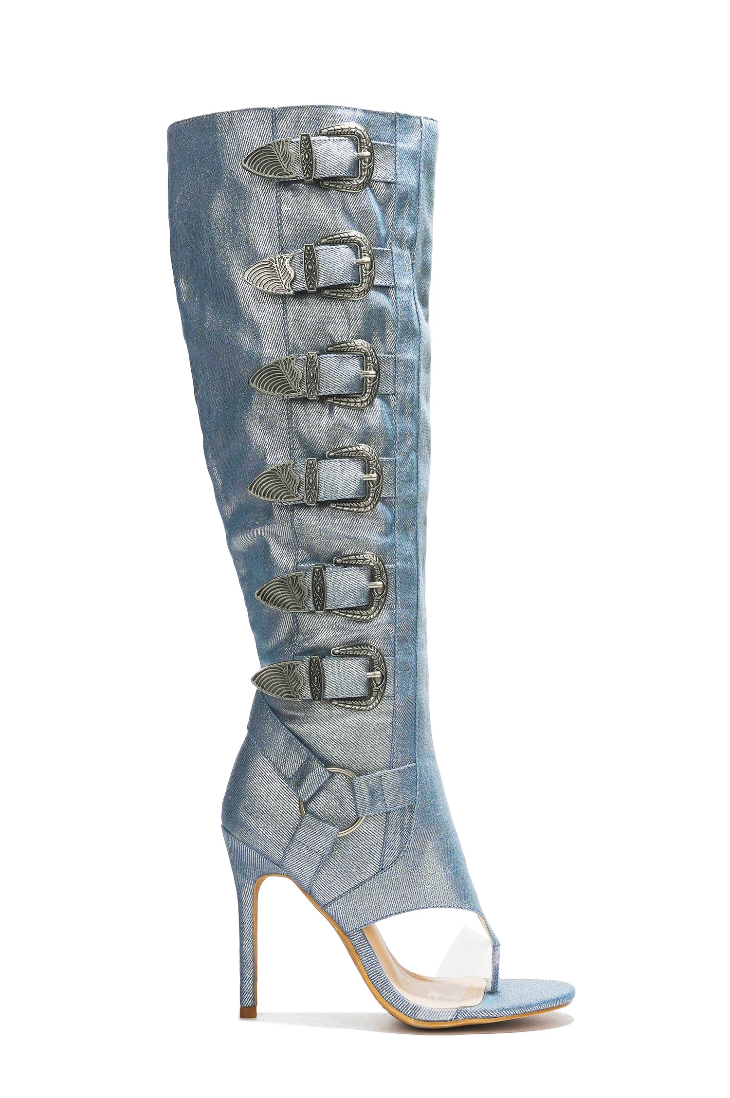 Elarahh Belt Buckle Open Round Toe Heel Boots - Denim-1