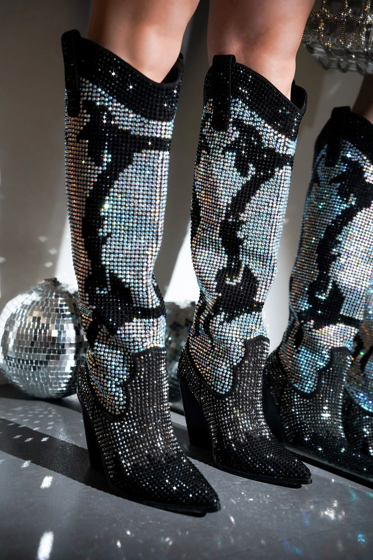 Malinde Rhinestone Embelished Western Inpired Knee High Boots - Silver