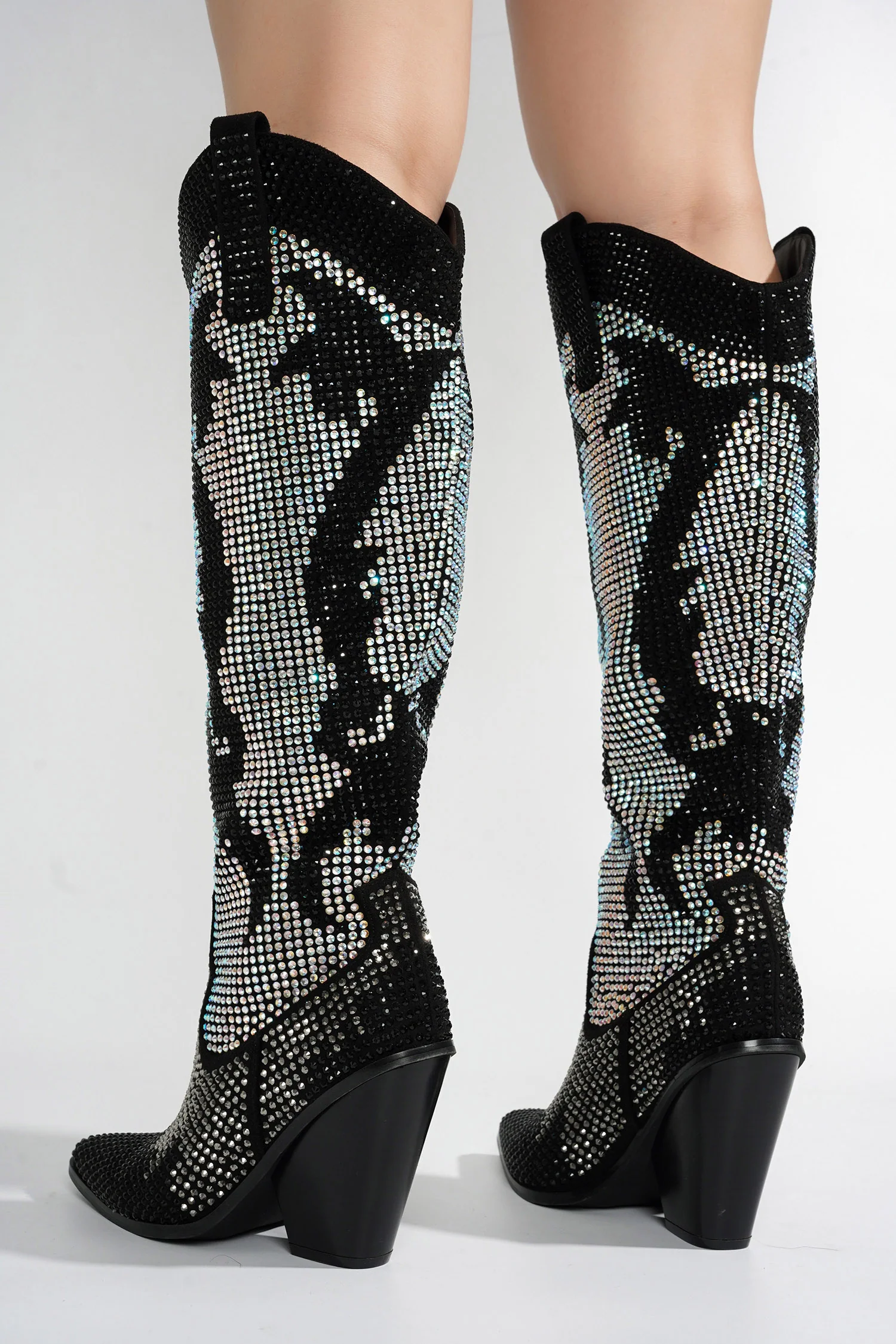 Malinde Rhinestone Embelished Western Inpired Knee High Boots - Silver-1