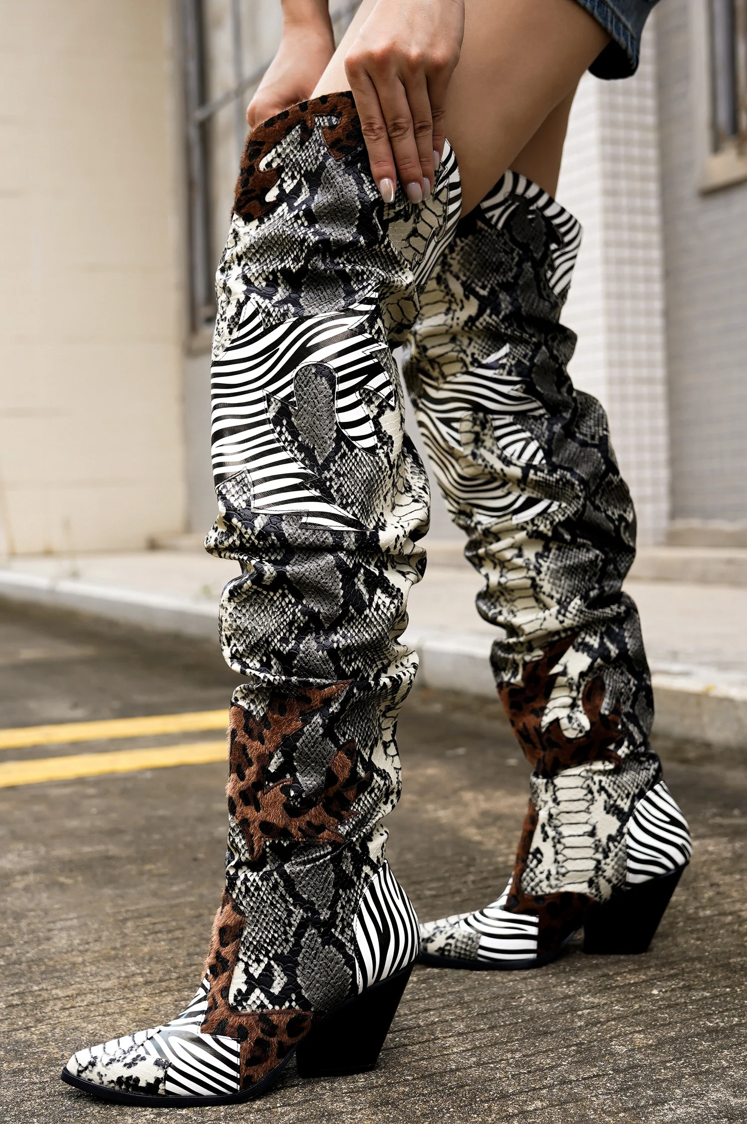 Hilda Faux Snakeskin Thigh High Cowboy Boots - Animal