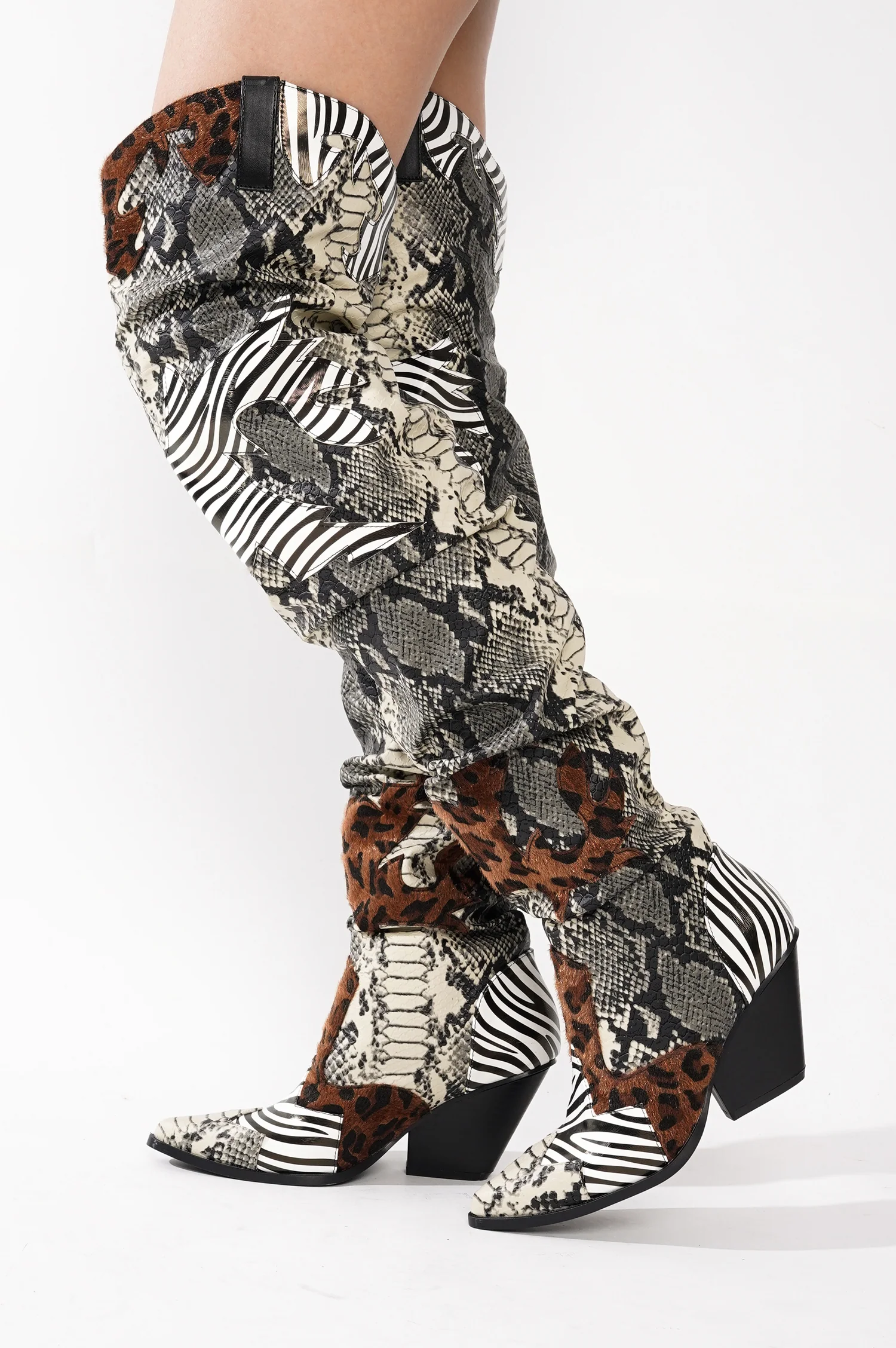 Hilda Faux Snakeskin Thigh High Cowboy Boots - Animal-1