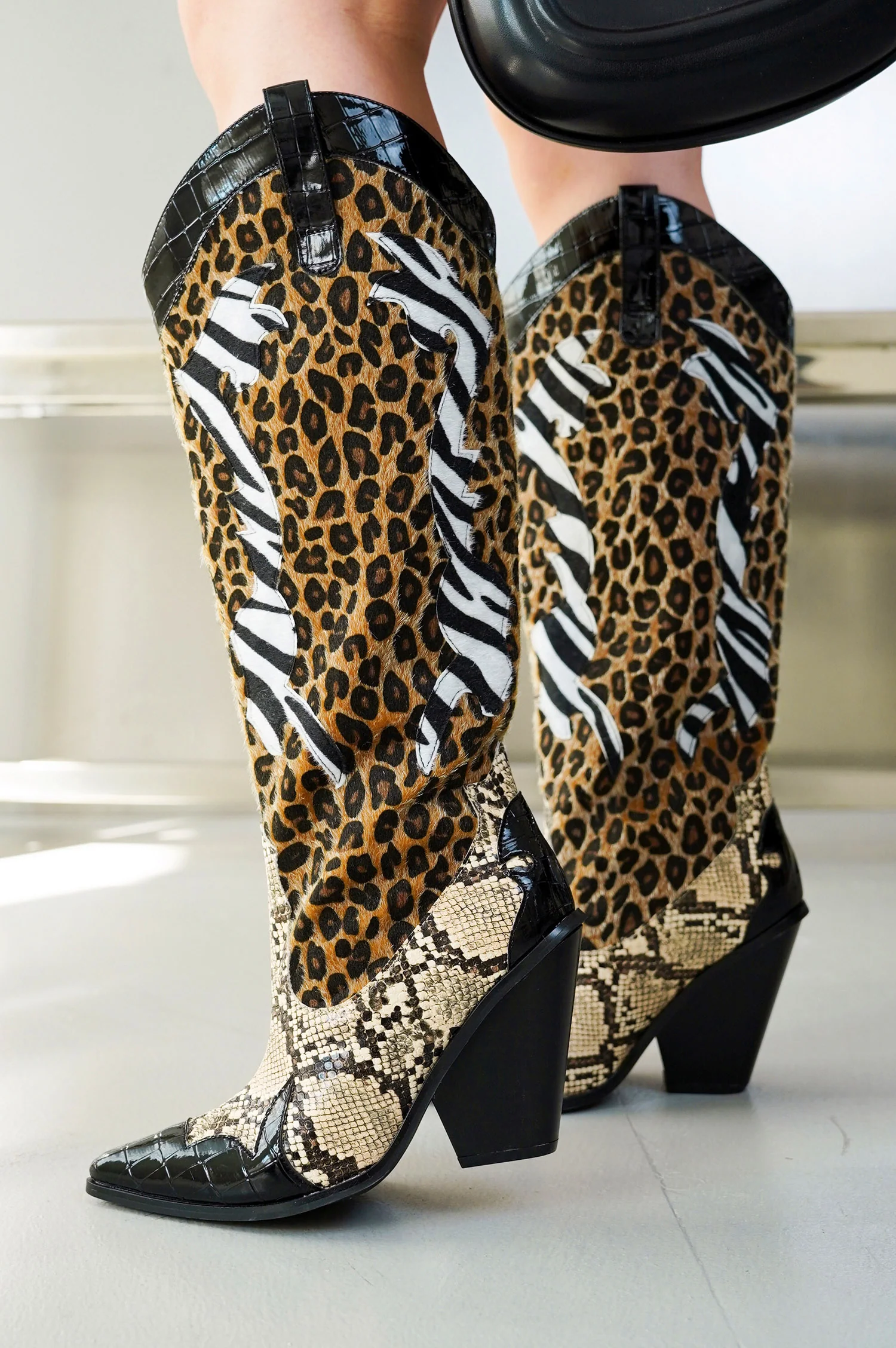 Karine Animal Print Western Cowgirl Boots - Black